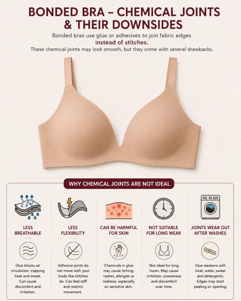 Infographic explaining the downsides of bonded bras, including poor breathability, stiffness, skin irritation, discomfort during long wear, and peeling after washes.