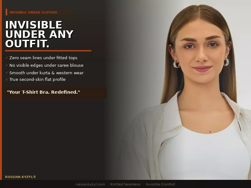 A woman wearing a white seamless bra with text explaining that the bra is invisible under clothes, leaving zero seam lines under fitted tops, saree blouses, or kurtas.