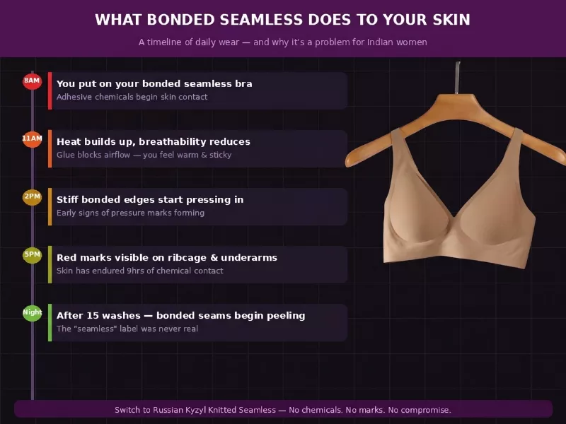 Timeline graphic showing how bonded seamless bras cause heat buildup, pressure marks, and skin irritation throughout the day, eventually peeling after 15 washes.