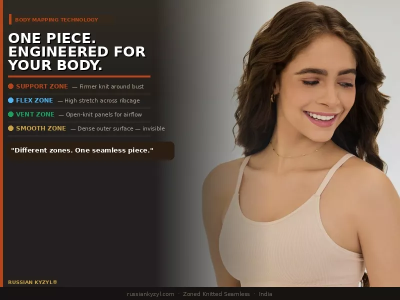 A woman smiling in a beige knitted seamless bra alongside a graphic explaining Body Mapping Technology, featuring Support, Flex, Vent, and Smooth zones.