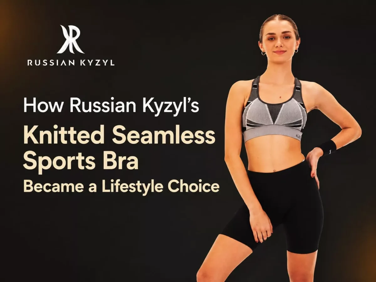 Woman wearing Russian Kyzyl knitted seamless sports bra — wireless, no marks, breathable for Indian climate