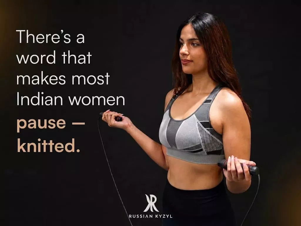 A Women in gym doing exercise with wearing russian kyzyl knitted seamless bras
